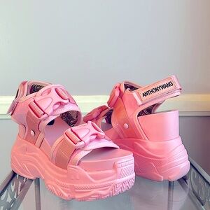 Anthony Wang pink platform wedge buckle sandals patent leather trim size 6.5
